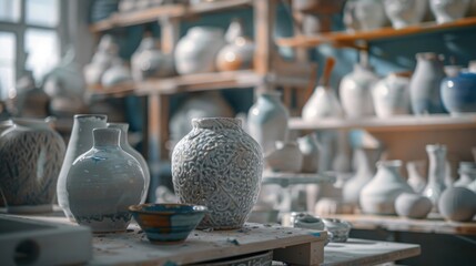 Naklejka premium Handcrafted pottery in a rustic studio. Ceramic vases, bowls, and pots on wooden shelves. Natural lighting enhances the charm of the artisan workshop.