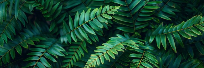 Lush green foliage, vibrant leaves, and fresh ferns create a textured, botanical nature background.