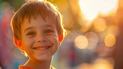 A smiling child bathed in the golden light of sunset, with a dreamy bokeh background adding warmth and charm.
