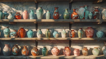 Fototapeta premium Colorful handcrafted pottery vases displayed on wooden shelves in sunlight