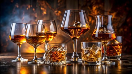 Glasses Of Whiskey And Cognac On A Wooden Table