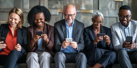 Diverse colleagues sitting indoors, using smartphones for online communication, reflecting modern technology and connectivity.