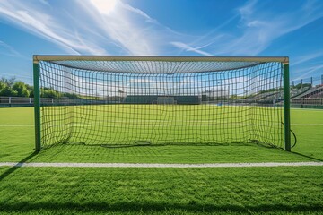 Fototapeta premium View from behind a soccer goal post on a sunny, green field, with clear blue skies and empty stadium seating.