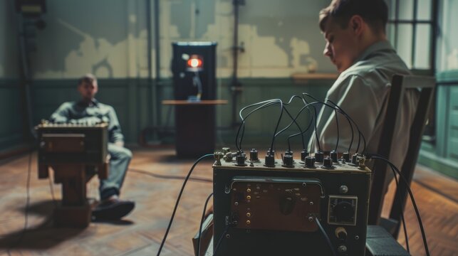 In the foreground is an old polygraph machine and in the background is a young man sitting in a chair