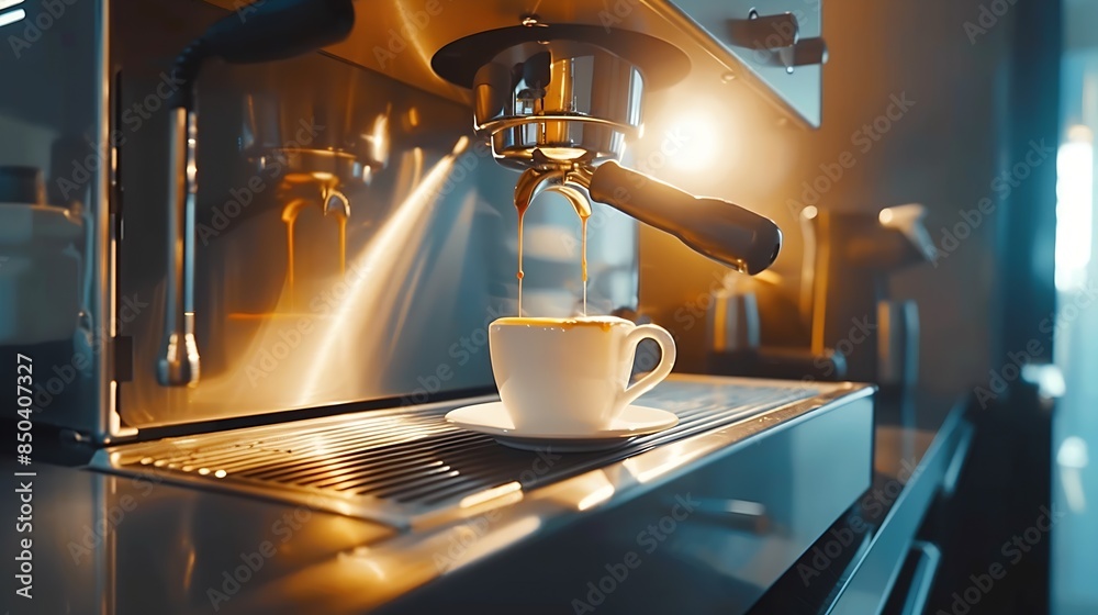 Poster coffee machine filling a cup with making coffee by coffee machine into cup espresso coffee coming ou