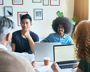Group, mockup or people with laptop in meeting for teamwork, conversation or discussion. Screen, diversity or creative copywriters speaking of paperwork for planning, startup ideas or collaboration