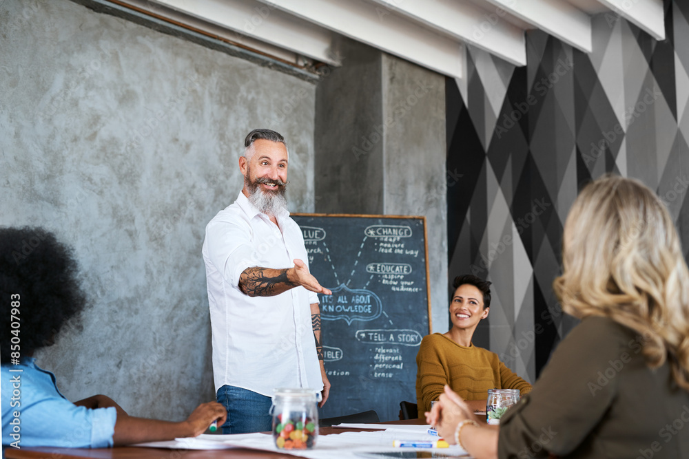 Poster Man, mentor and chalk board in boardroom for training, teaching and learning for skill or career development. People, employee and leader with teamwork or collaboration for internship program