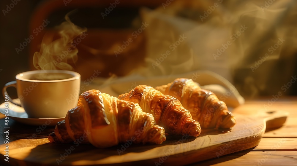 Poster breakfast view a bunch of croissant and a cup of coffee with cafe vibe background : generative ai