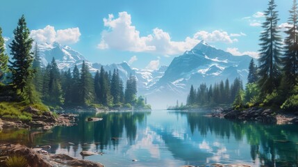 Fototapeta premium Serene mountain lake with reflection of snowy peaks and cloudy blue sky. Tranquil landscape with lush evergreen trees and calm water.