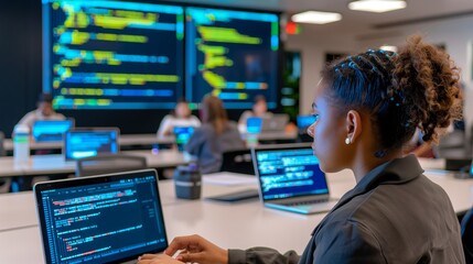 A female IT instructor leads a coding bootcamp in a modern lab with students working on laptops and code on screens.