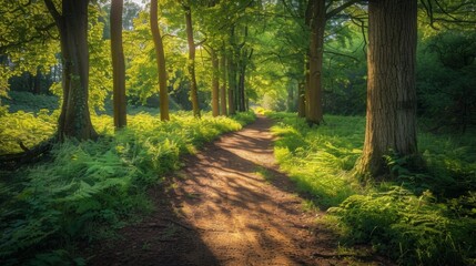 Fototapeta premium A serene forest path with sunlight filtering through tall trees. The peaceful setting promises a tranquil walk in nature, amidst the lush greenery.