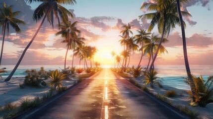 Sunset road by the beach with palm trees. Perfect for travel and holidays. AI-generated, no copyright concerns. Tropical paradise.