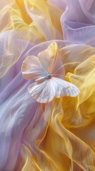 Obraz premium Beautiful Background of White Butterfly on Purple and Yellow Fabric