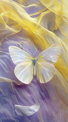 Beautiful Background of White Butterfly on Purple and Yellow Fabric