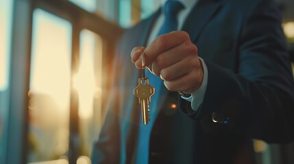 Real estate manager homeowner businessman banker salesman caucasian successful man sell house property hold keys from new apartment in city modern building construction sale commercial : Generative AI