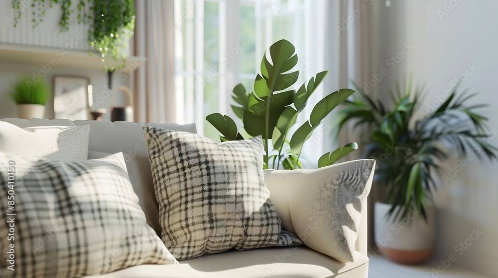 Wall mural Living room with scandinavian interior comfortable couch with pillows and soft plaid near window green plant in pots and picture on wall shelf Stylish apartment with design in light to : Generative AI