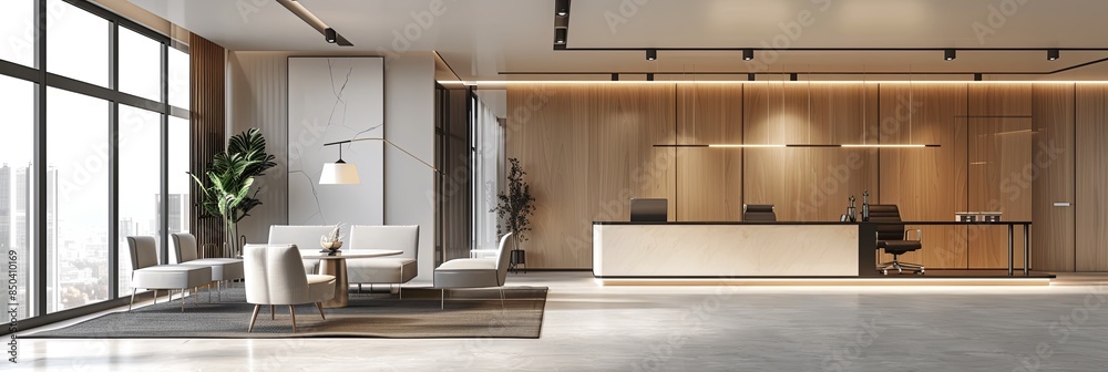 Aufkleber a sleek and stylish office space with new furniture, fresh paint, and updated lighting. the professi