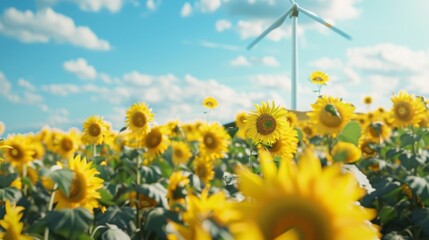 Field of sunflowers with a wind turbine on a sunny day under blue sky