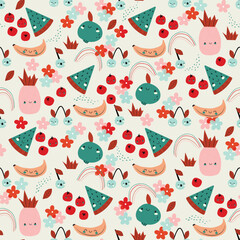 Summer fruit  pattern. Cute vector seamless background with pineapple, watermelon, lemon, orange, strawberry, banana, berries, cherry