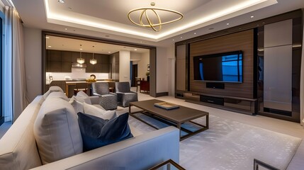 A large living room with a white couch, a black coffee table, and a television