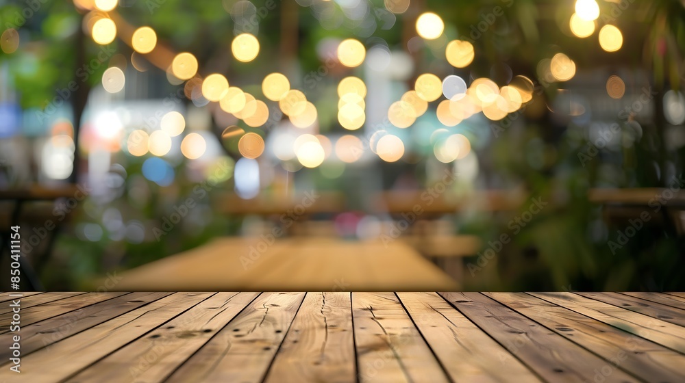 Poster empty wooden table and blurred background of abstract in front of restaurant or coffee shop for disp