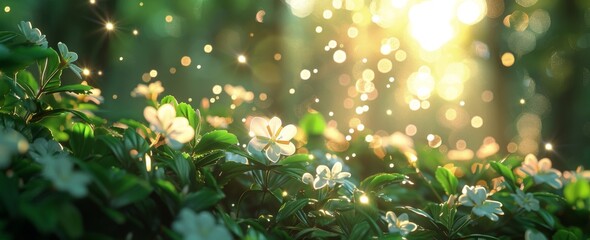 Obraz premium White Wildflowers Blooming in a Sunlit Forest Clearing