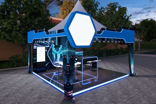 3d illustration stand booth tent cone sarnafil 5x5 m cover backdrop lighted blank space logo company digital futuristic style decoration for lounge event exhibition outdoor.