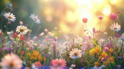 Fototapeta premium A Field Of Colorful Wildflowers Blooming In The Morning Sun