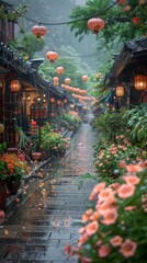 Obraz premium In the early morning after the rain, Jinguan City is decorated with many kinds of flowers, bird's eye view