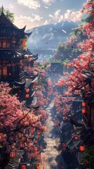 Fototapeta premium In the early morning after the rain, Jinguan City is decorated with many kinds of flowers, bird's eye view