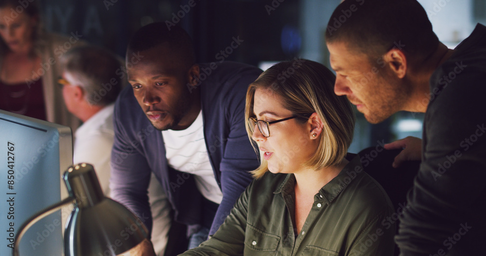 Poster group, problem solving or business people on computer for training, helping advice or research onlin