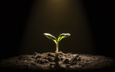 Young green sprout growing in the dirt in the midst of darkness, illuminated by a shiny spotlight.