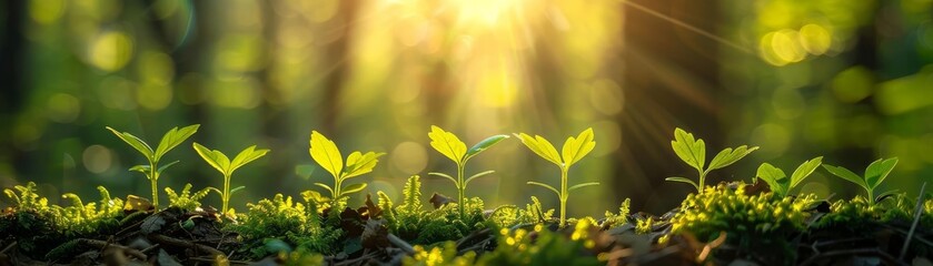 Closeup of young green plants basking in the gentle sunlight, lens flare effect adding a magical touch to the serene forest scene