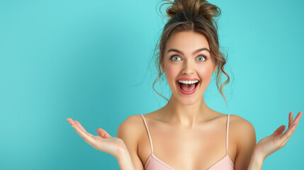 A beautiful woman with fair skin, posing with an excited expression as she hears news of a major sale at a department store. She stands against a vibrant Cerulean Blue background