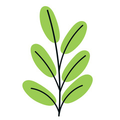 Branch with green leaves, one branch with green bright leaves in doodle style. Hand drawn vector