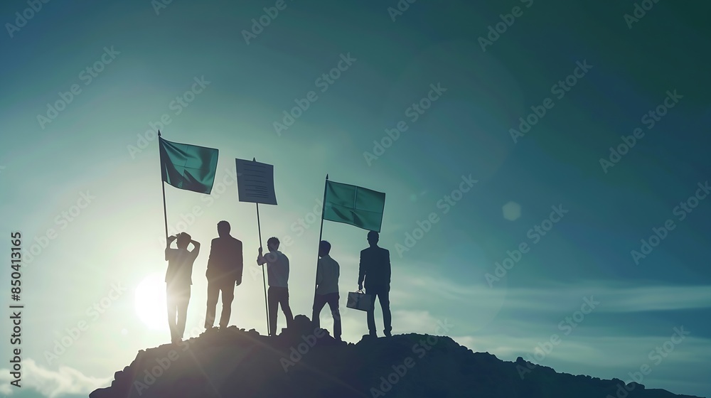 Fototapete Goal setting towards planning for the future Silhouettes of group businessmen holding target boards with flags planted on a mountain Concept of a clear planning process and teamwork : Generative AI