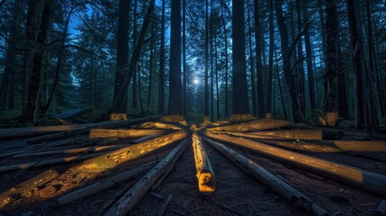 Obraz premium Lumber beams form a geometric pattern on the forest floor, bathed in ethereal moonlight, creating an enchanting scene.