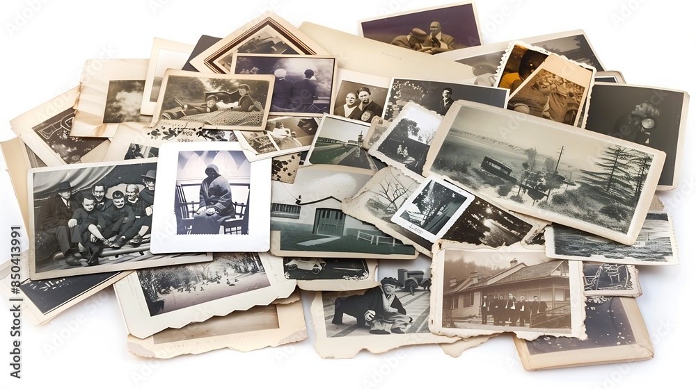 Poster collection of various old photos on white background each one is shot separately : generative ai