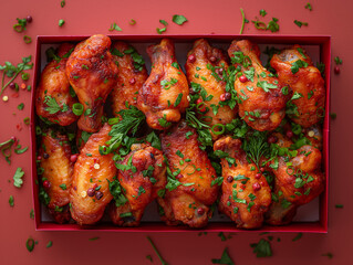 Naklejka premium a red box full with red hot spicy chicken.