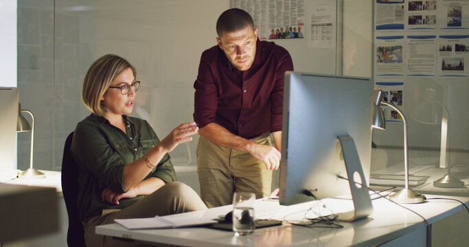 Supervisor, teaching or business people on computer feedback review, project or research online. Woman training, manager coaching and IT support talking for learning, teamwork or helping advice on pc