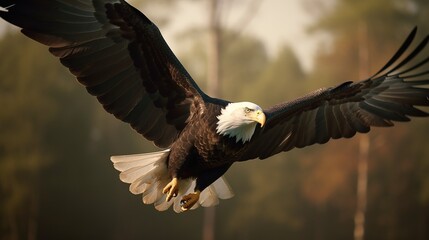 Obraz premium US Independence Day July 4th, a soaring bald eagle against a daytime cloudy sky. AI generated.