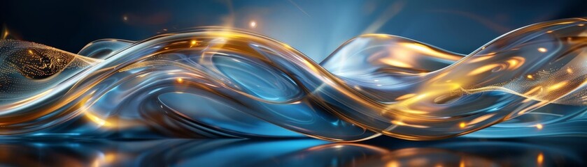 Obraz premium Fluid and graceful abstract lines in gold and blue, dynamic movement, calming and sophisticated aesthetic