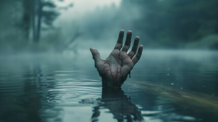 Fototapeta premium Spooky hand rising from secluded lake, softly blurred