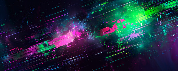 Fototapeta premium A dynamic mix of lines and dots in various shades and sizes on a colorful abstract background, visually striking composition. Banner. Copy space.