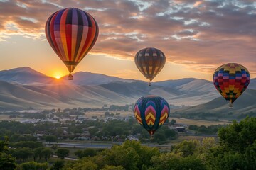 Naklejka premium Adventure in a hot air balloon at sunrise and experience breathtaking scenery.