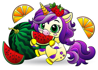 Stained glass illustration with cute cartoon unicorn , animal isolated on a white background