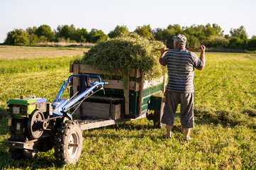 Obraz premium Senior farmer harvesting hay on a farm in sunny summer day with tractor