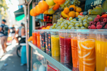 portable smoothie stand with various fruit flavors, displayed on a busy city street in summer
