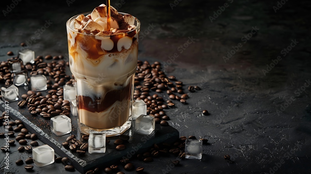 Poster Ice coffee in a tall glass with cream poured over ice cubes and beans on a dark concrete table Cold summer drink with tubes on a black background with copy space : Generative AI
