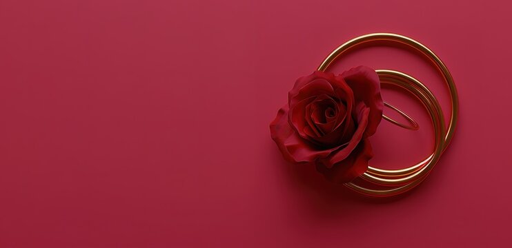 Two gold rings and a red rose on a red background - Powered by Adobe